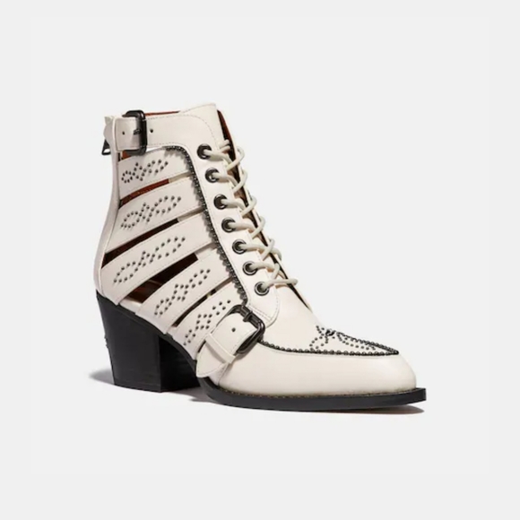Coach Paisley Ankle Boots Luxe Leather Cut Out Studded Zipper Chalk Size 9.5 NWT - Picture 1 of 16